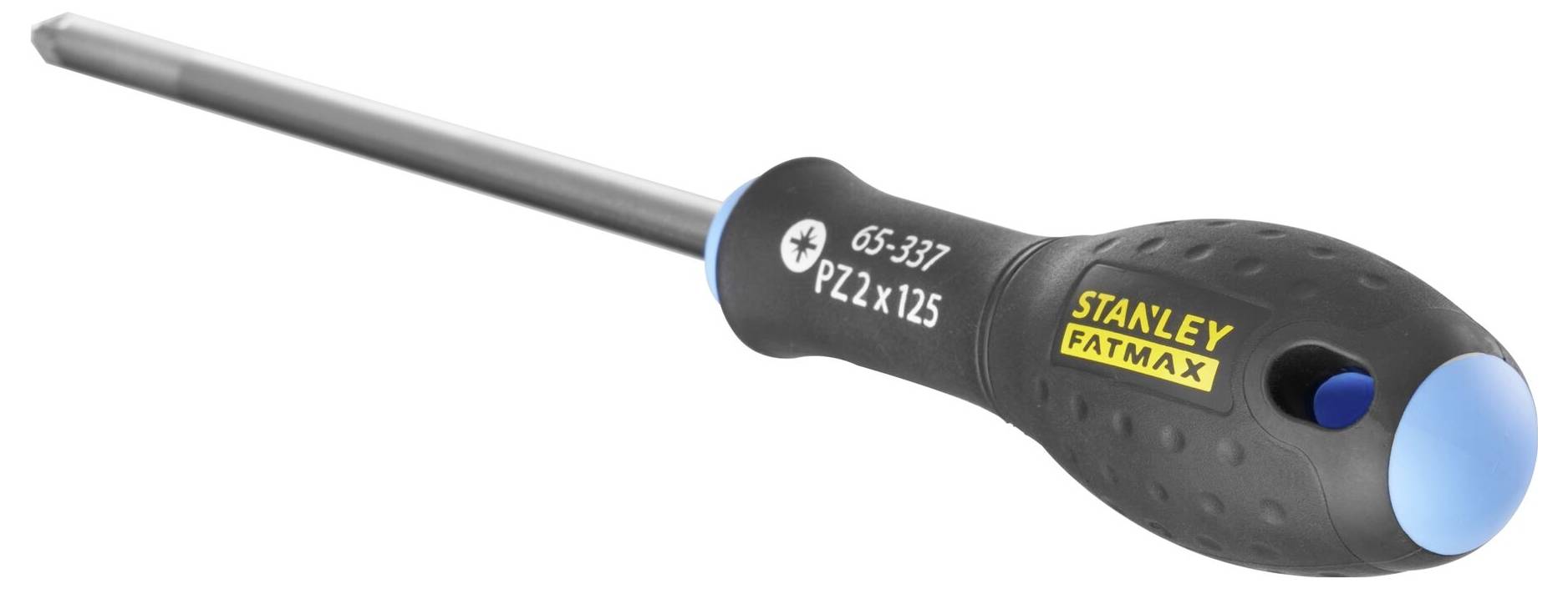 Czarny wkrętak krzyżowy z niebieskim czubkiem i ergonomicznym uchwytem. Na uchwycie widnieje napis 'STANLEY FATMAX'.