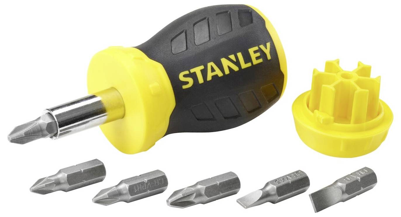 Wkrętak z żółtą rękojeścią i sześcioma wymiennymi grotami; odpowiedni do różnych rodzajów śrub. Logo marki 'STANLEY'.
