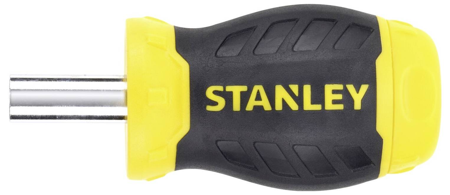 Krótki wkrętak z żółto-czarnym uchwytem, z napisem „STANLEY" w kolorze żółtym.
