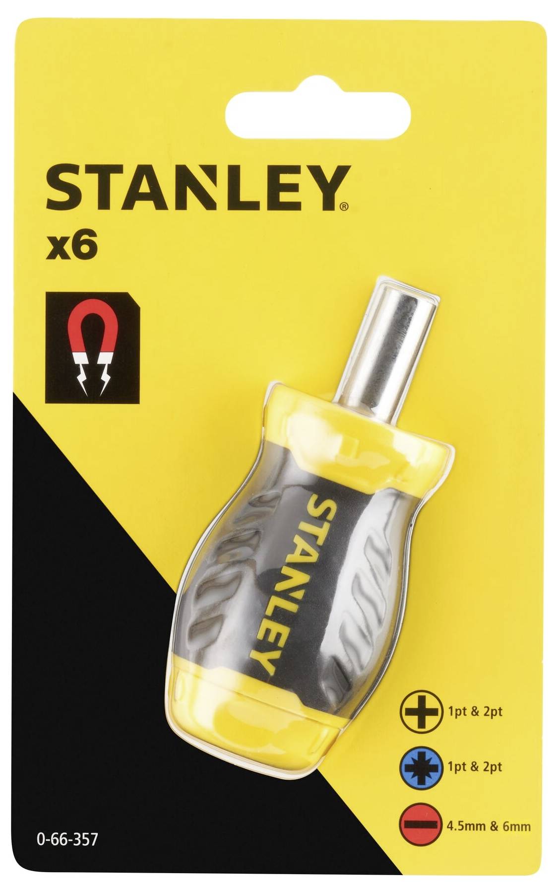 Kompaktowy wkrętak Stanley z sześcioma wymiennymi grotami i magnetycznym czubkiem na żółtym opakowaniu.