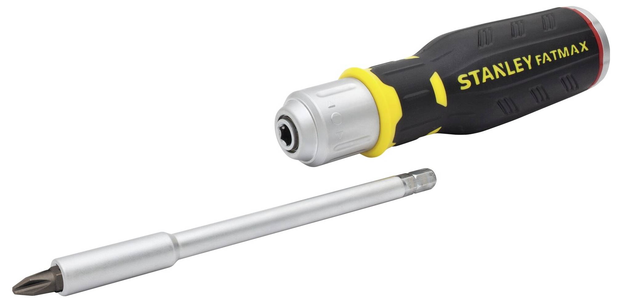 Wkrętak z wymiennym grotem. Uchwytu jest czarny z żółtym napisem 'STANLEY FATMAX'.