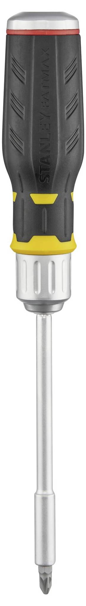 Wkrętak z czarną rękojeścią, żółtym pierścieniem i srebrnym grotem, przeznaczony do wkrętów krzyżowych.