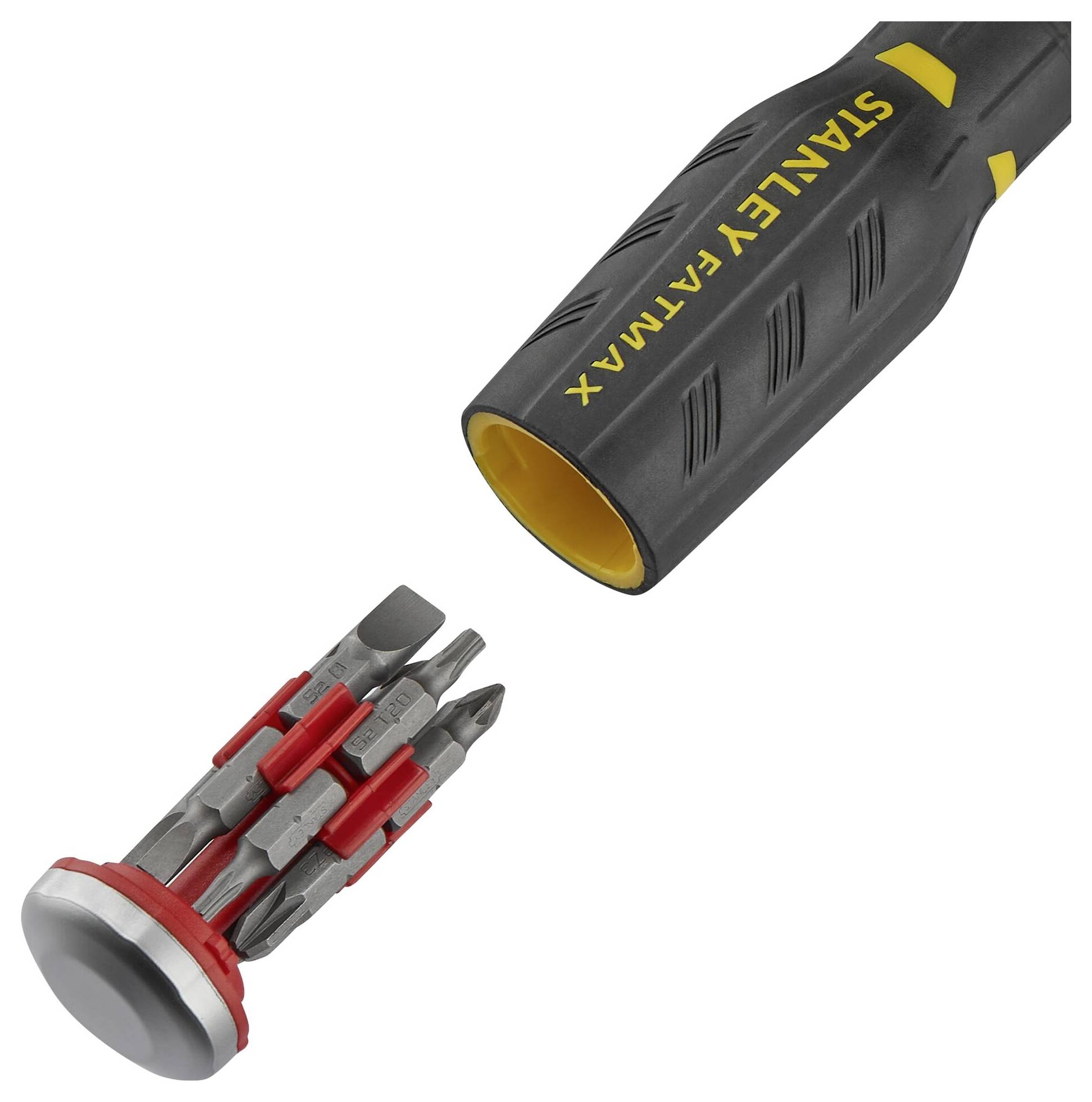 Rękojeść wkrętaka obok wkładu z wieloma grotami o różnych kształtach i rozmiarach.