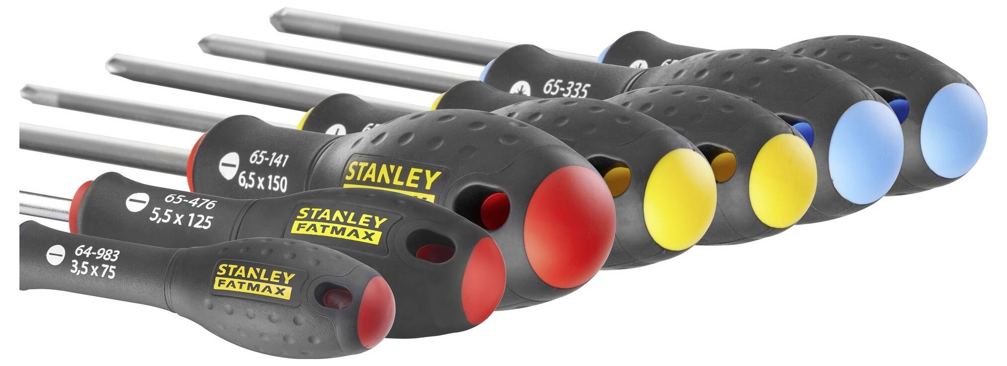 'Siedem wkrętaków Stanley FatMax, ułożonych obok siebie, z końcówkami w różnych kolorach oznaczającymi ich rozmiary.'