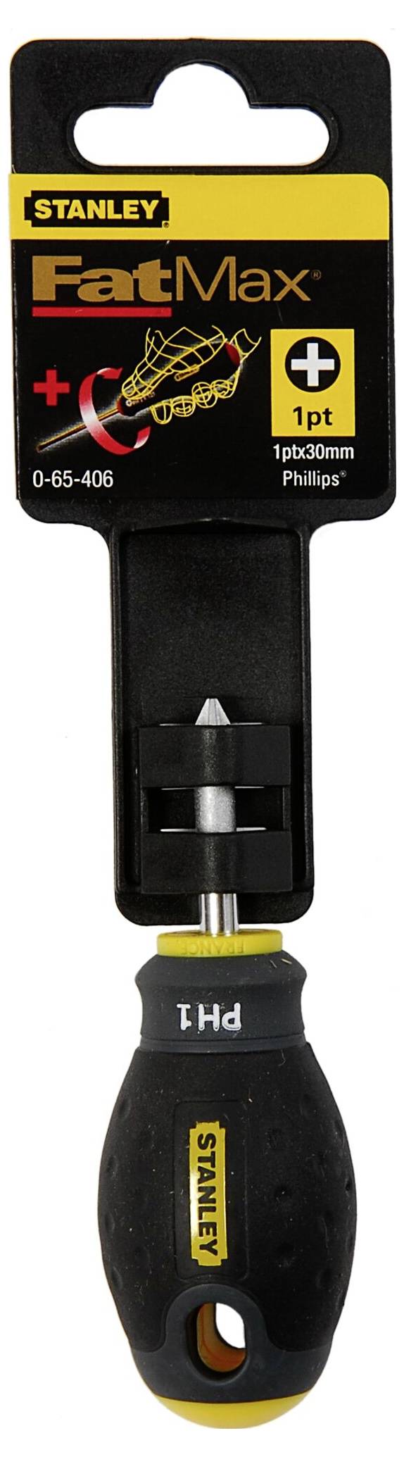 Opakowanie wkrętaka 'Stanley FatMax' z widocznym wkrętakiem i mechanizmem blokady ostrza.