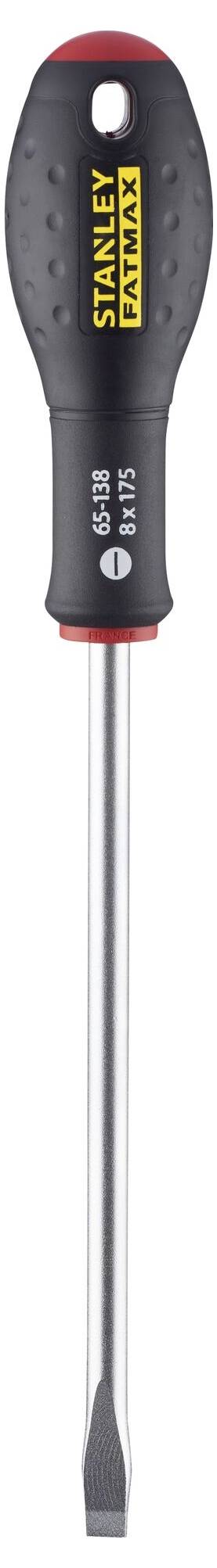 Wkrętak płaski ze Stanley FatMax z czarnym, ergonomicznym uchwytem i srebrnym ostrzem.