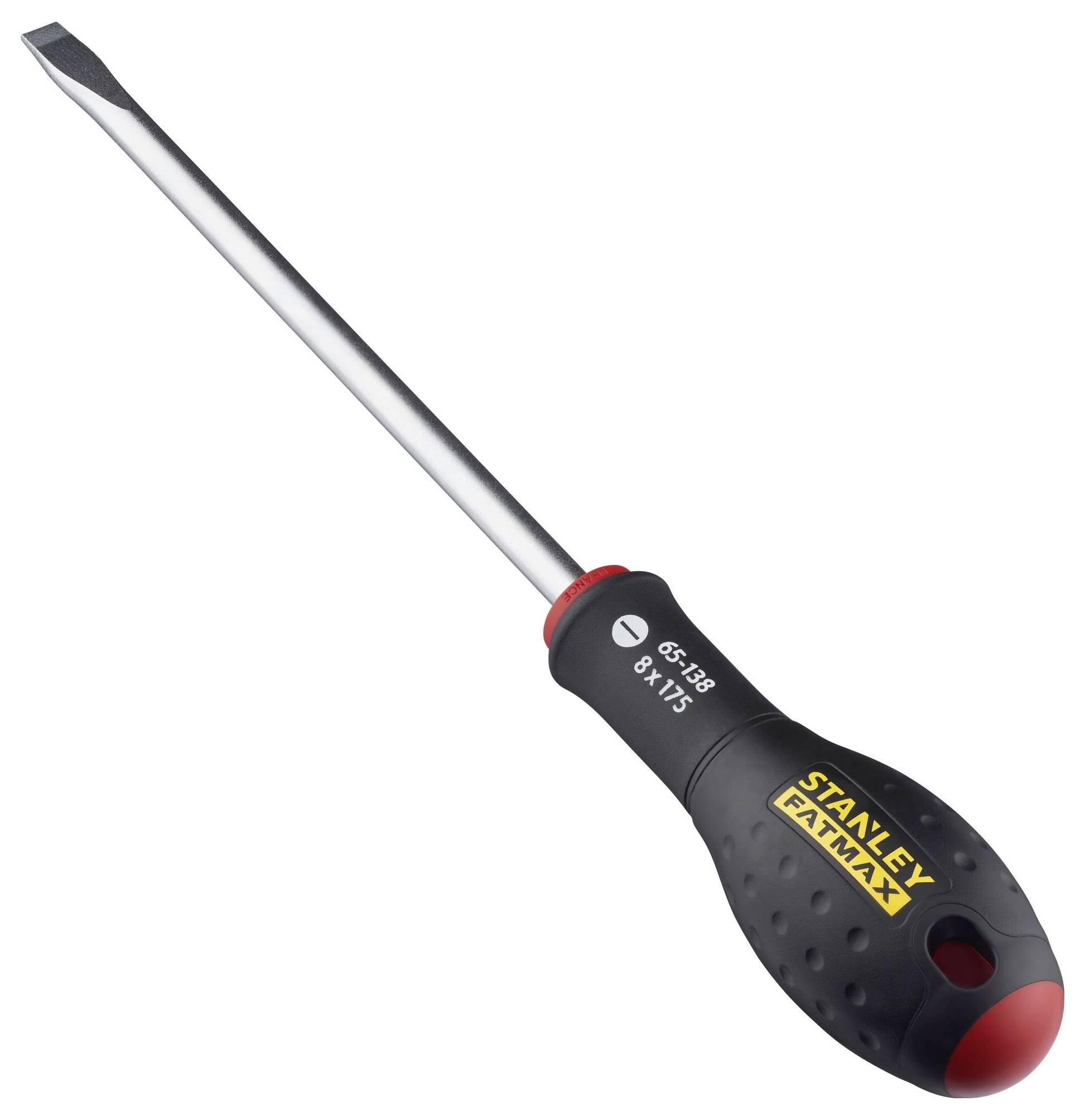 Śrubokręt płaski ze Stanley Fatmax z czarnym uchwytem, czerwono oznaczoną nasadką i srebrnym ostrzem.