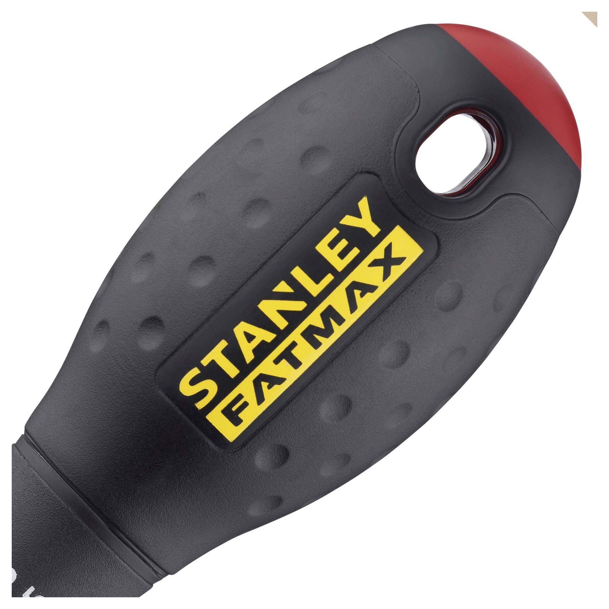 Czarny uchwyt z żółtym logo 'STANLEY FATMAX', ergonomicznie zaprojektowany z czerwonymi akcentami i strukturyzowaną powierzchnią.