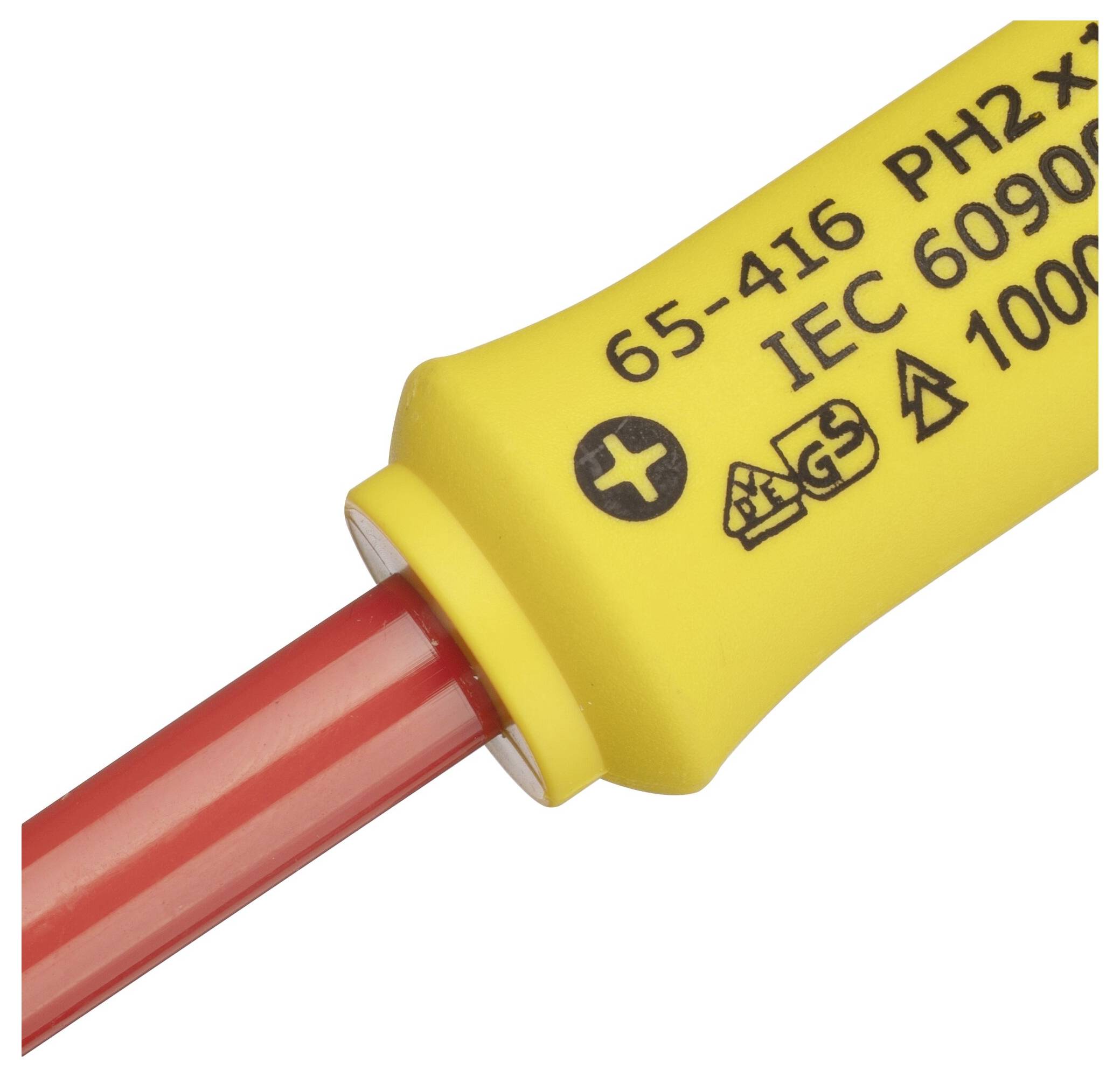 Zbliżenie wkrętaka z żółtą rękojeścią. Na uchwycie wydrukowane są specyfikacje techniczne, w tym symbole i kody.