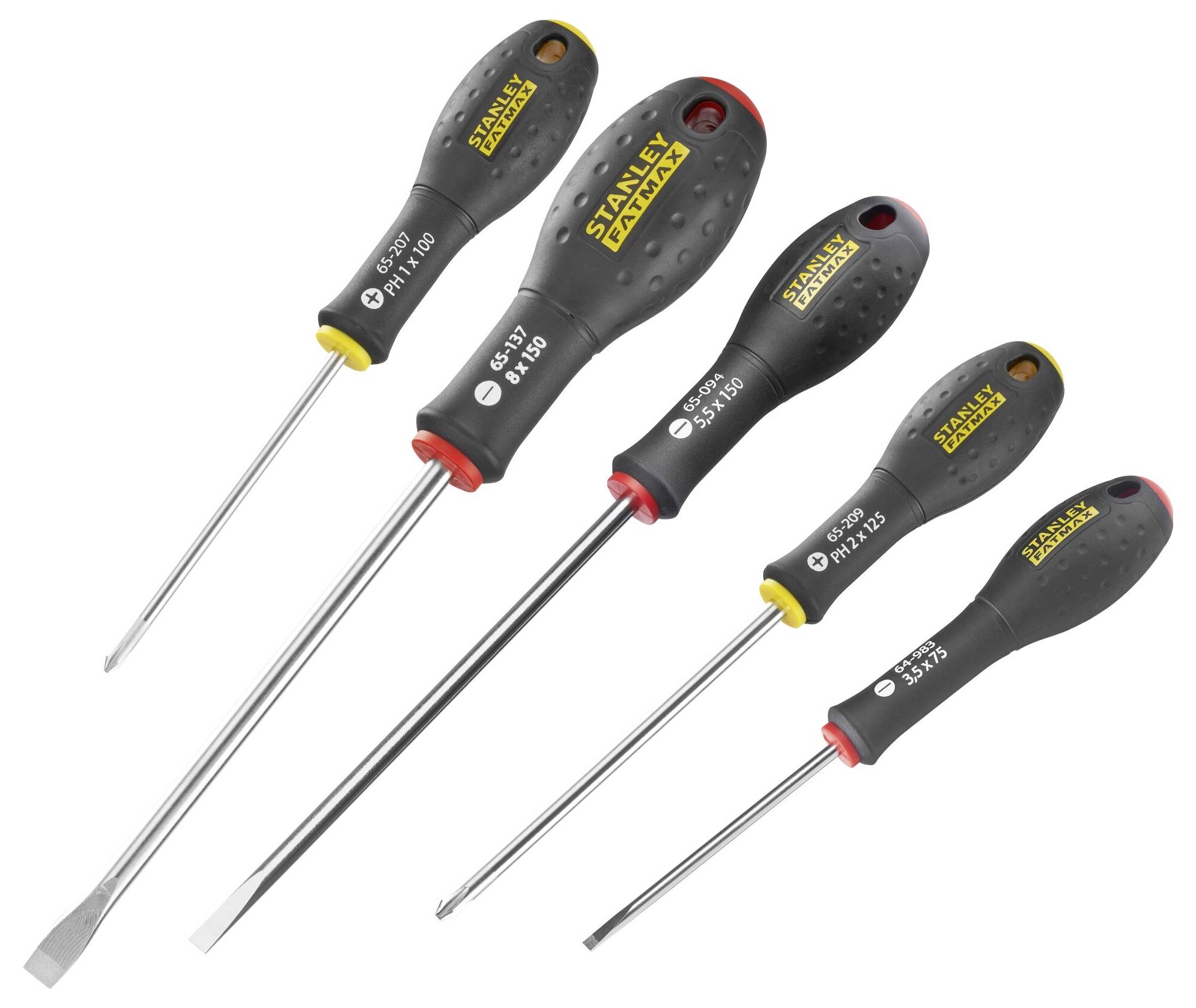 Pięć wkrętaków w różnych rozmiarach z czarnymi uchwytami i żółtymi akcentami. Odpowiednie do różnych typów wkrętów.