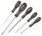 Pięć wkrętaków w różnych rozmiarach z czarnymi uchwytami i żółtymi akcentami. Odpowiednie do różnych typów wkrętów.