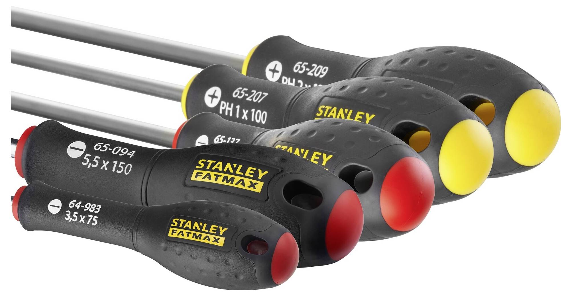 Pięć wkrętaków Stanley w różnych rozmiarach, z ergonomicznymi uchwytami i kolorowo oznaczonymi końcówkami do różnych typów śrub.