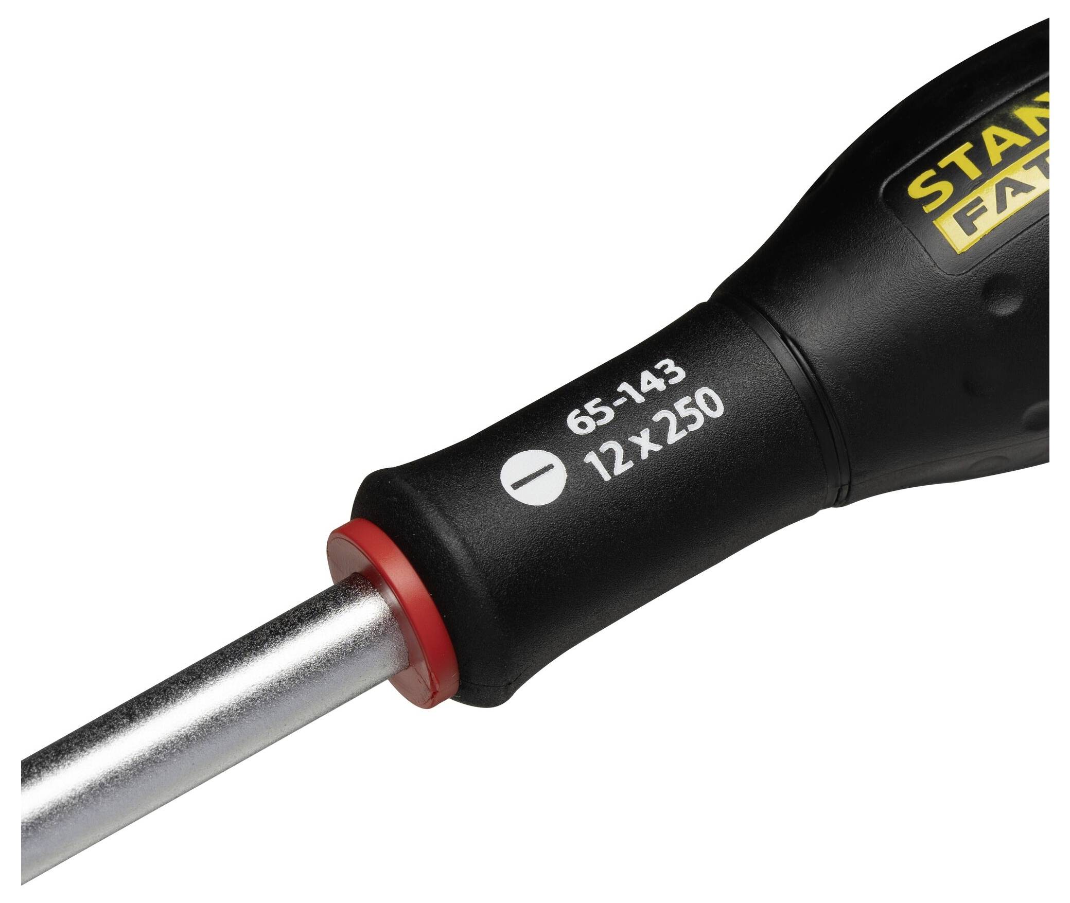 Czarny wkrętak, lekko przekrzywiony. Na rękojeści widnieją cyfry '65-143' oraz '12 x 250'.