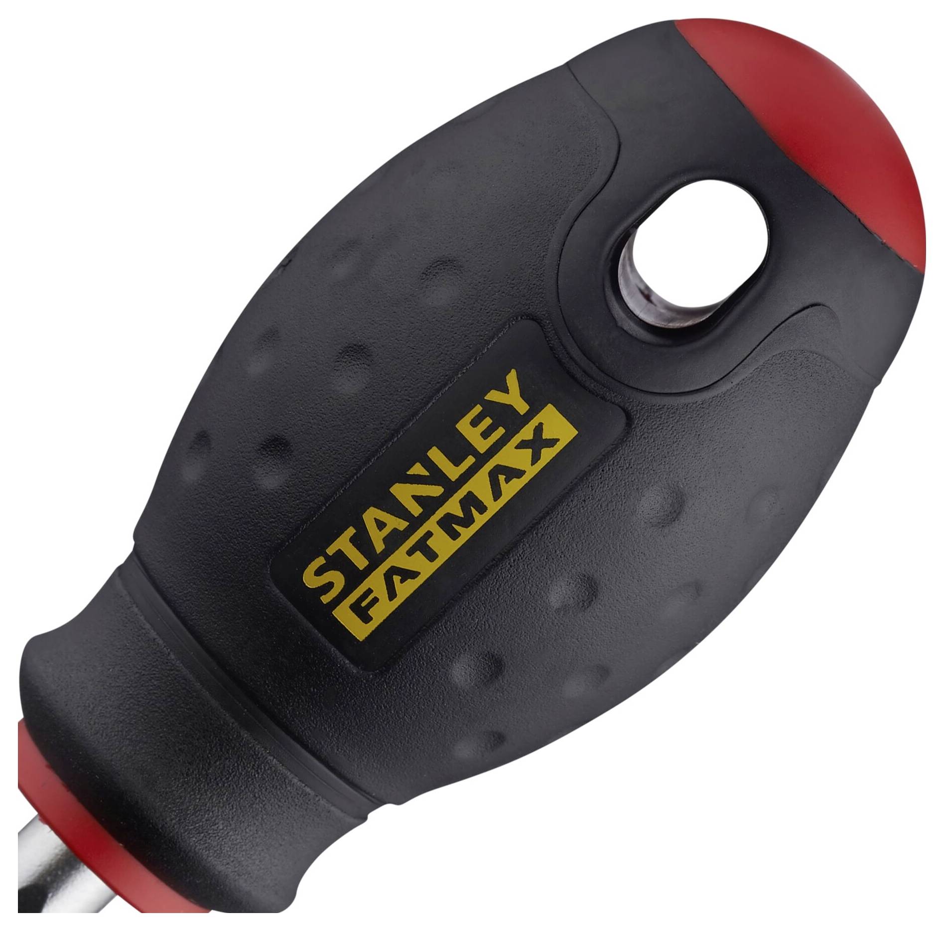 Czarno-czerwony uchwyt wkrętaka z żółtym napisem 'Stanley FatMax' na górnej powierzchni.