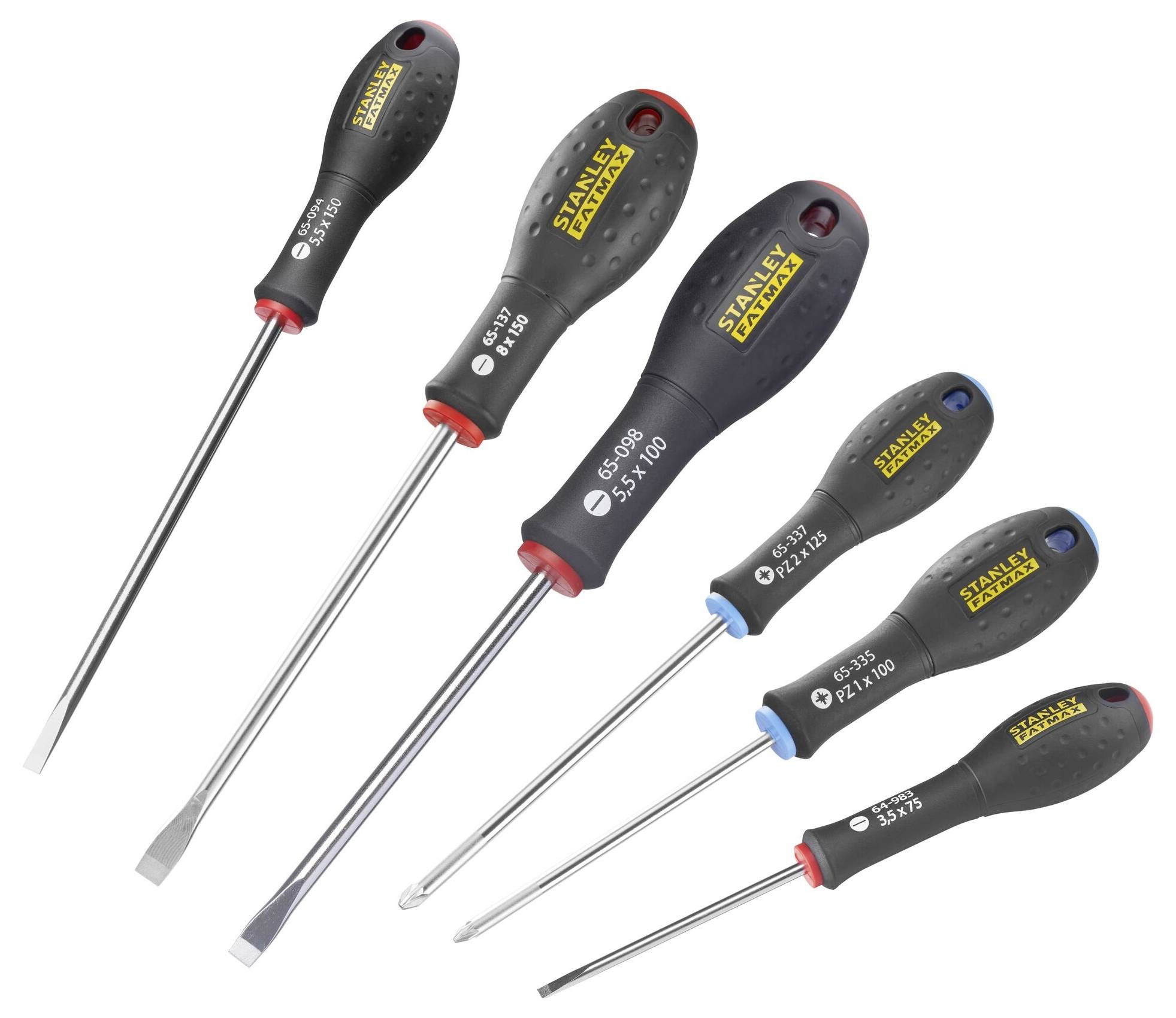 Sześć wkrętaków z czarnymi uchwytami i żółtym logo; trzy wkrętaki płaskie i trzy wkrętaki krzyżowe o różnych rozmiarach.