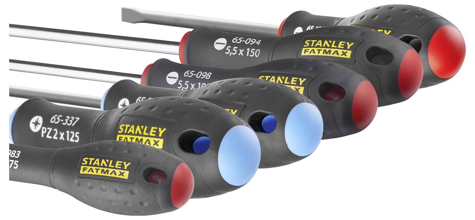 Zestaw pięciu wkrętaków Stanley Fatmax o różnokolorowych uchwytach i oznaczeniach, posortowanych według rozmiaru.