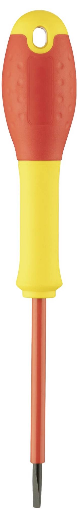 Żółto-czerwony śrubokręt z izolowanym uchwytem i płaskim ostrzem.