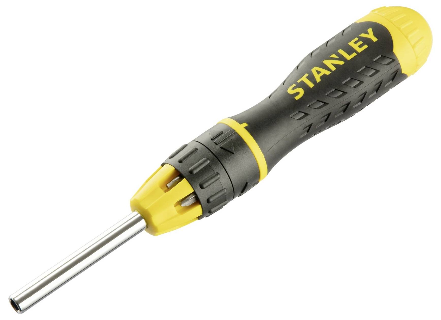 Żółto-czarny śrubokręt Stanley z ergonomicznym uchwytem i wymiennym systemem końcówek.