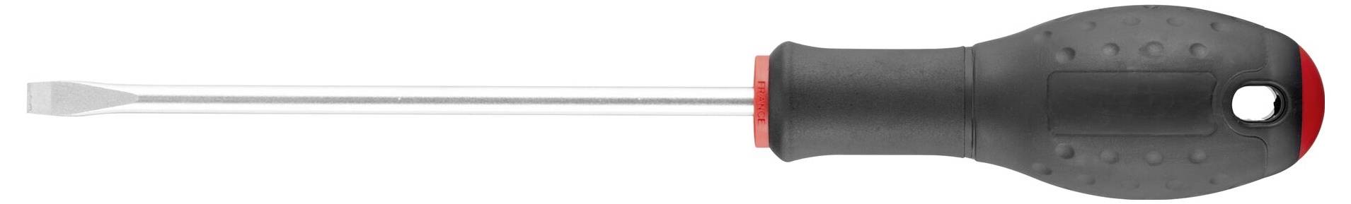 Wkrętak płaski z czarnym uchwytem i czerwonym zakończeniem, ułożony poziomo, czubkiem skierowany w lewo.