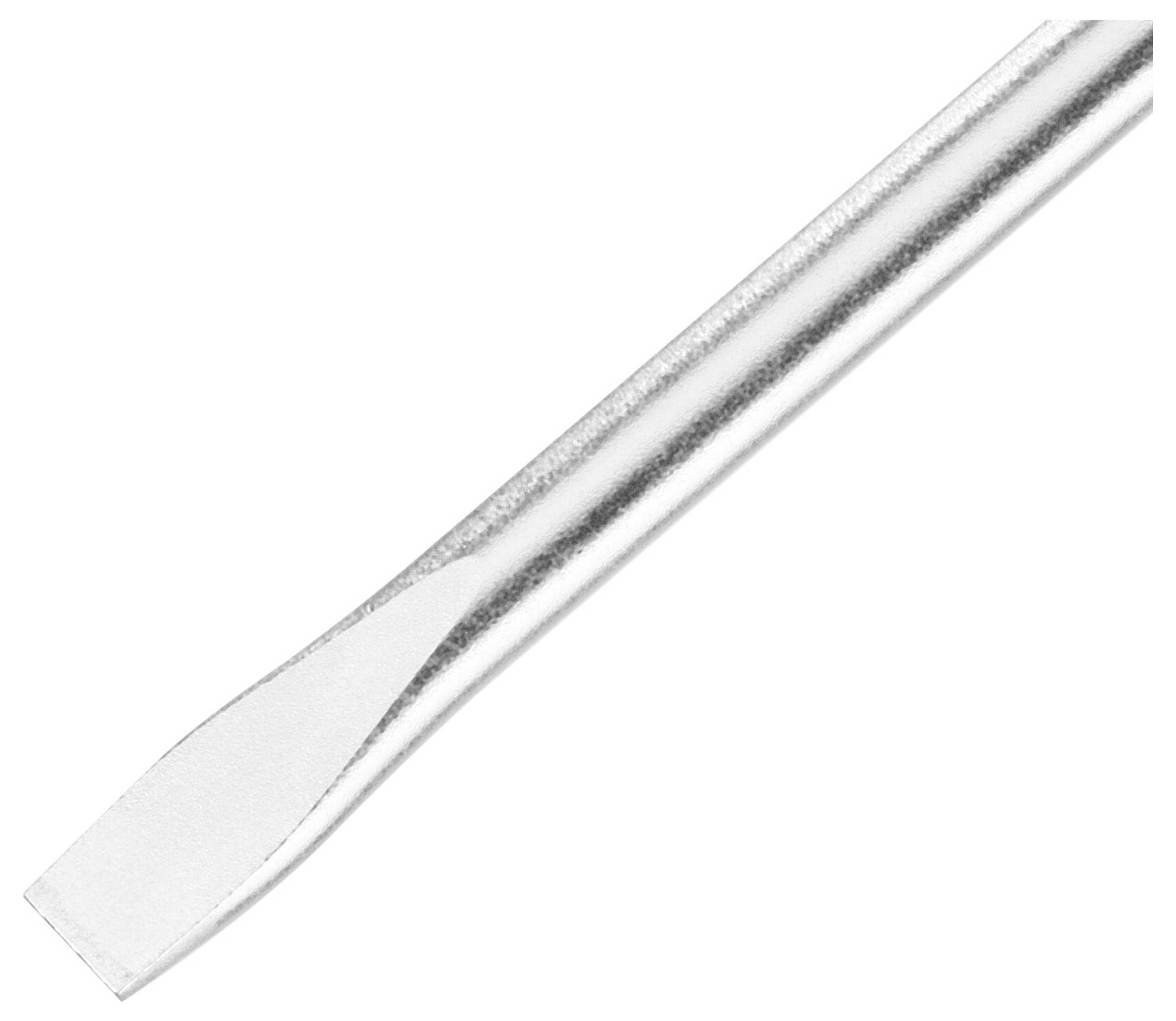 Płaski śrubokręt z srebrnym trzonkiem i ostrym ostrzem, odpowiedni do odkręcania lub dokręcania wkrętów z rowkiem prostym.