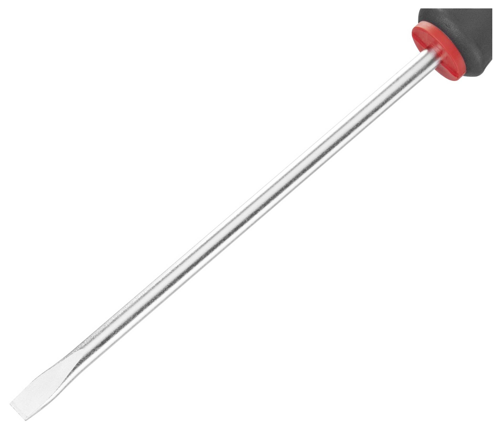 Płaski śrubokręt z czerwonym uchwytem i długim, prostym metalowym trzpieniem.