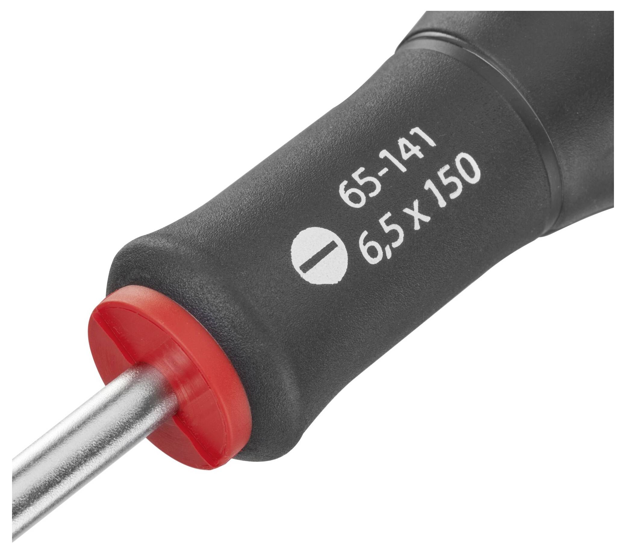 Wkrętak krzyżowy z czarną rękojeścią i czerwonymi akcentami. Na rękojeści widnieje napis '65-141 6.5 x 150'.