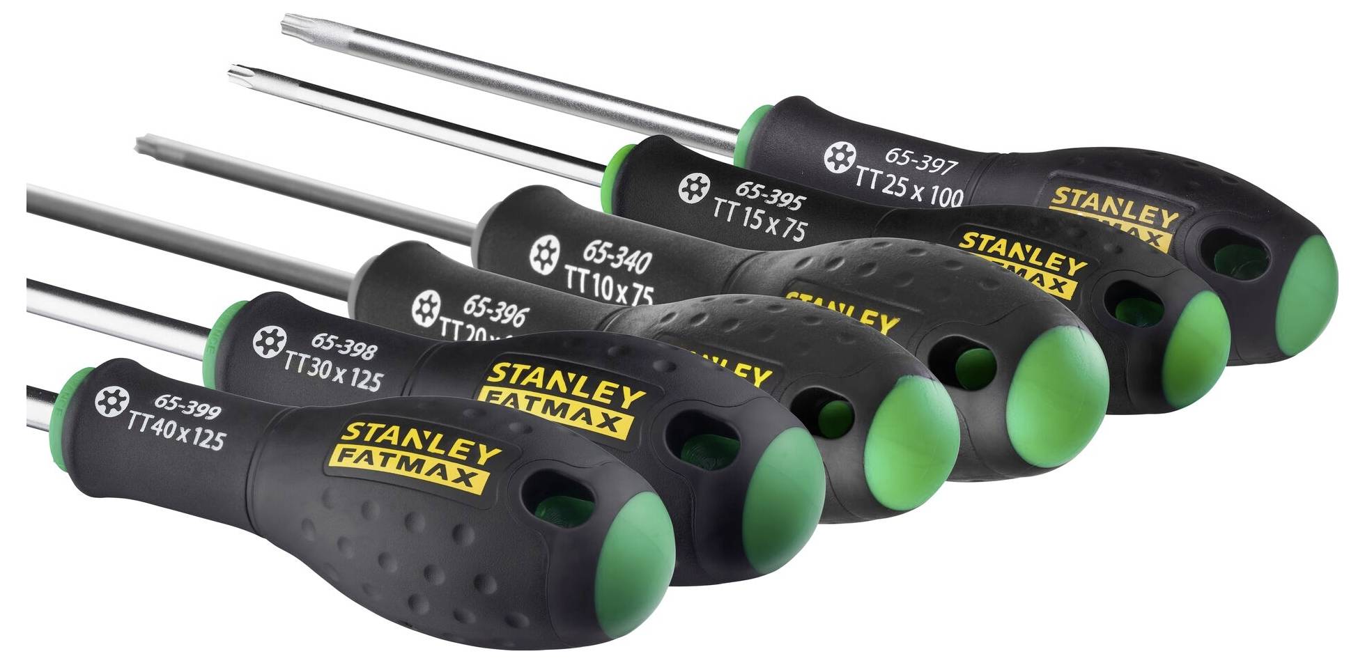 Zestaw sześciu wkrętaków Stanley FatMax z czarnym uchwytem i zielonym zakończeniem, sortowanych w różnych rozmiarach.