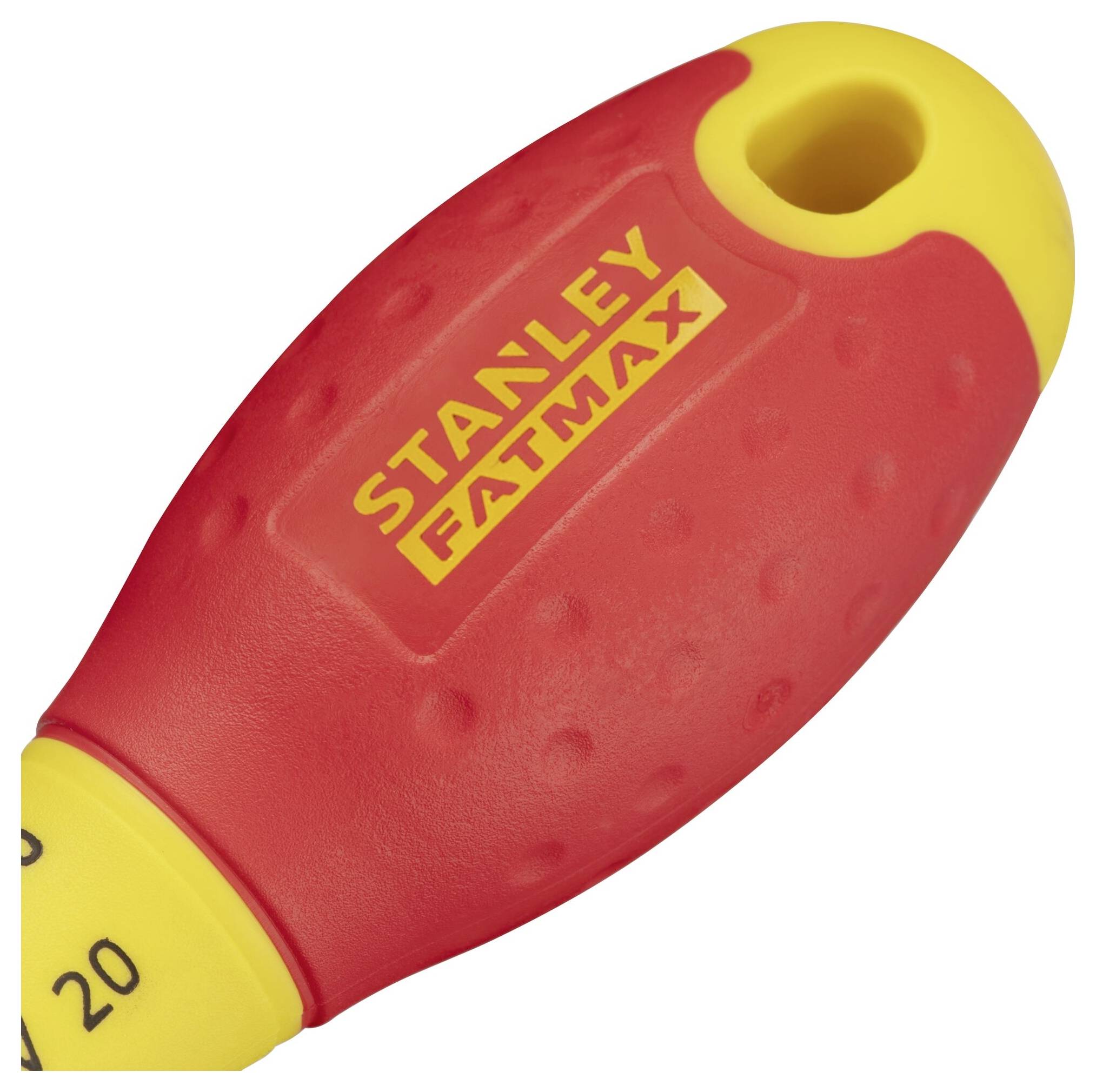 Czerwony i żółty uchwyt z napisem 'Stanley Fatmax', ergonomiczny design zapewniający lepszy chwyt.