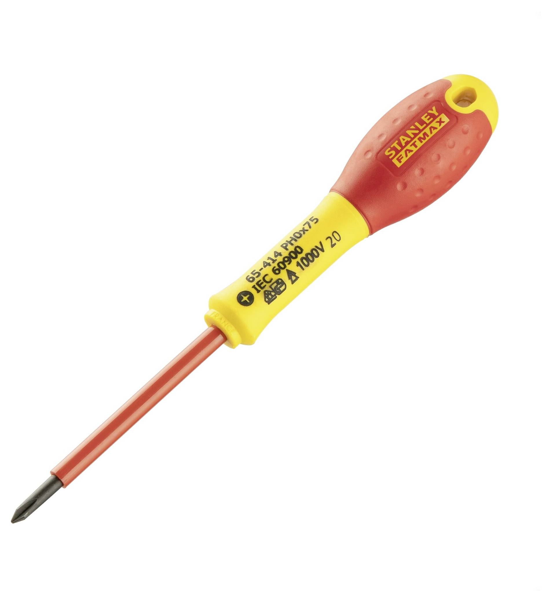 Wkrętak z żółto-czerwonym uchwytem z napisem 'Stanley'. Metalowy trzon jest izolowany i przystosowany do pracy pod napięciem do 1000V.