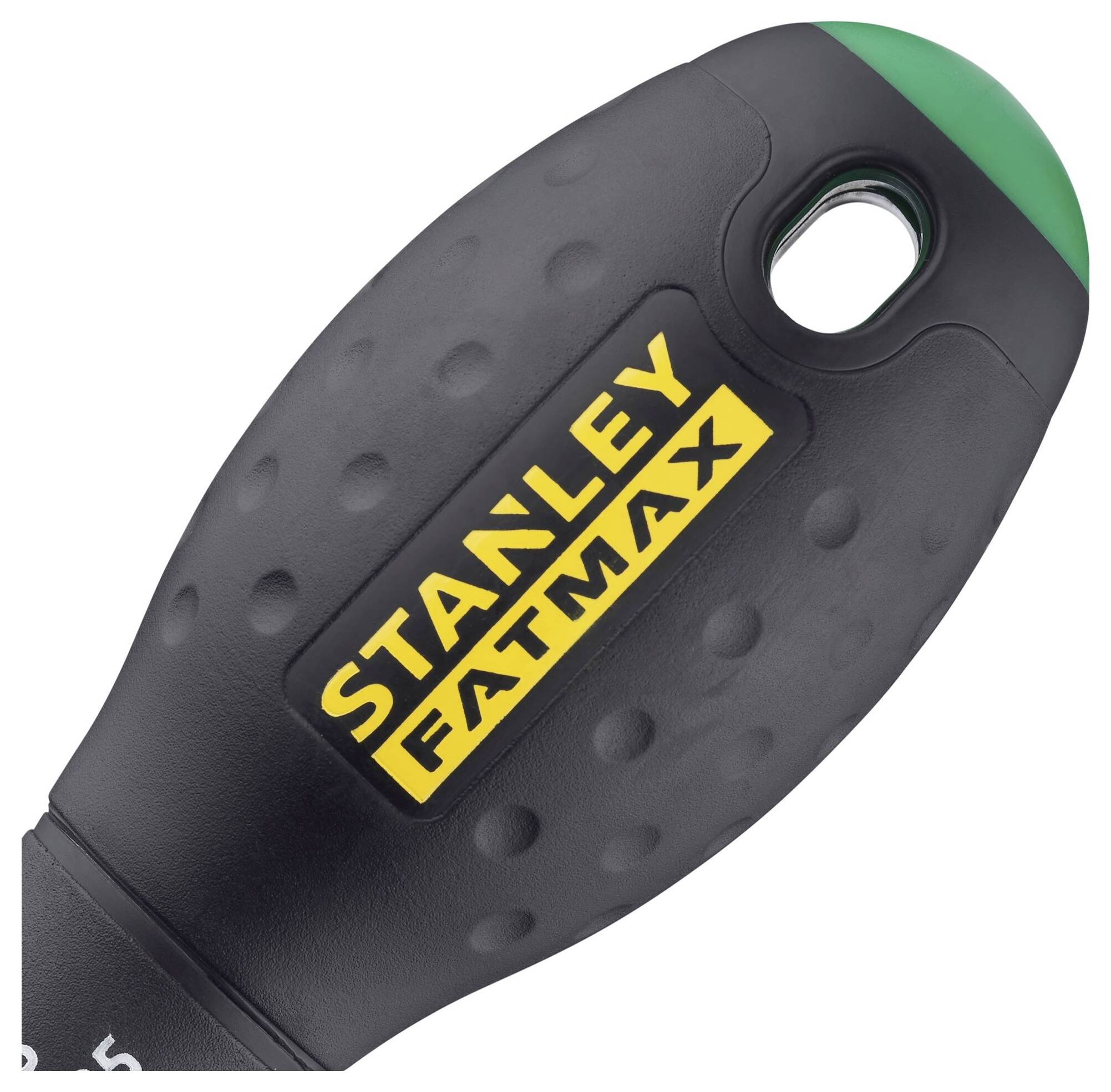 Rękojeść narzędzia z napisem 'Stanley FatMax'. Czarny gumowy uchwyt z żółtymi elementami i zieloną nasadką na górze.