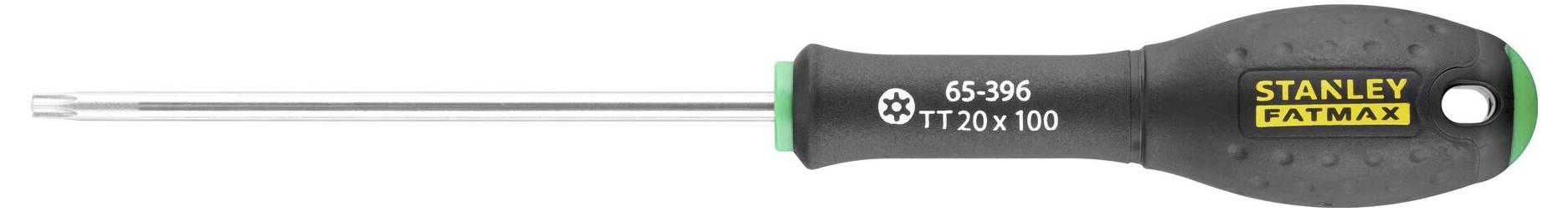 Wkrętak z czarnym uchwytem i srebrnym ostrzem. Marka 'Stanley FatMax' na uchwycie. Numer modelu 65-396, rozmiar T20 x 100.