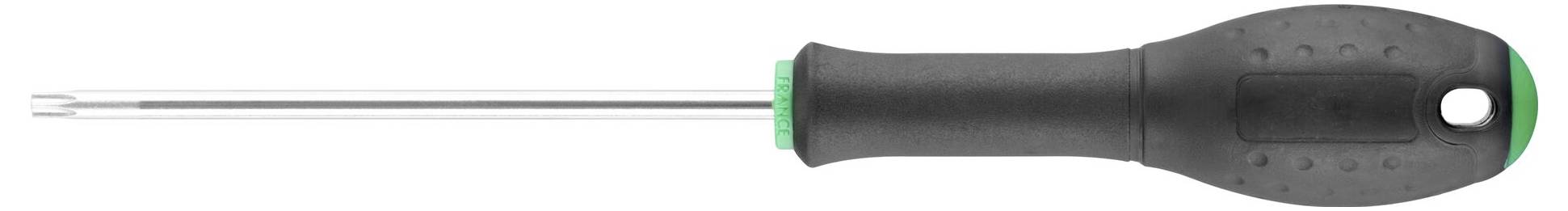 Śrubokręt z czarnym uchwytem i zielonym akcentem, z łbem Torx.