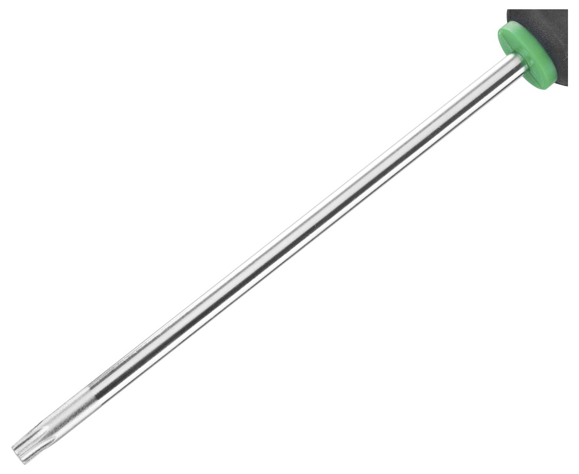 Srebrny śrubokręt z zielonym zakończeniem uchwytu, na białym tle.