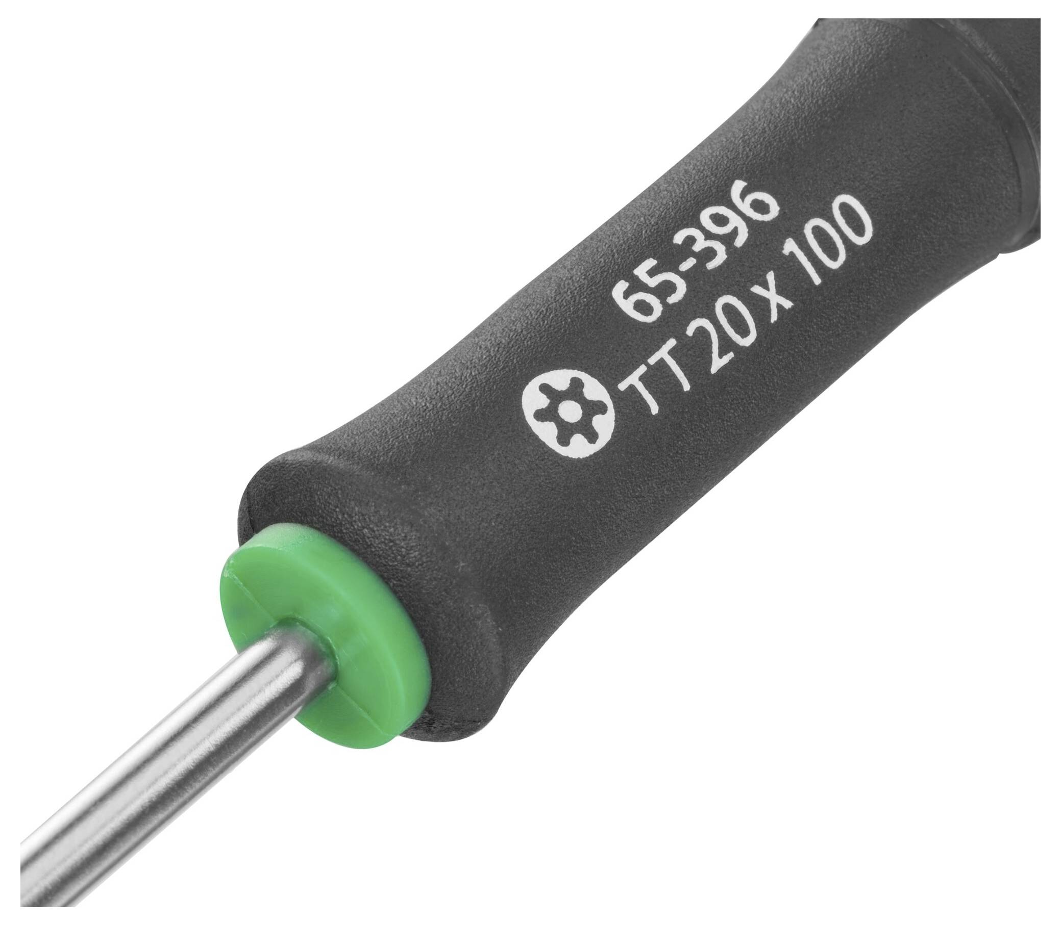 Wkrętak z czarnym uchwytem i zieloną nakładką, oznaczony nadrukiem '65-396' i 'TT20x100'.
