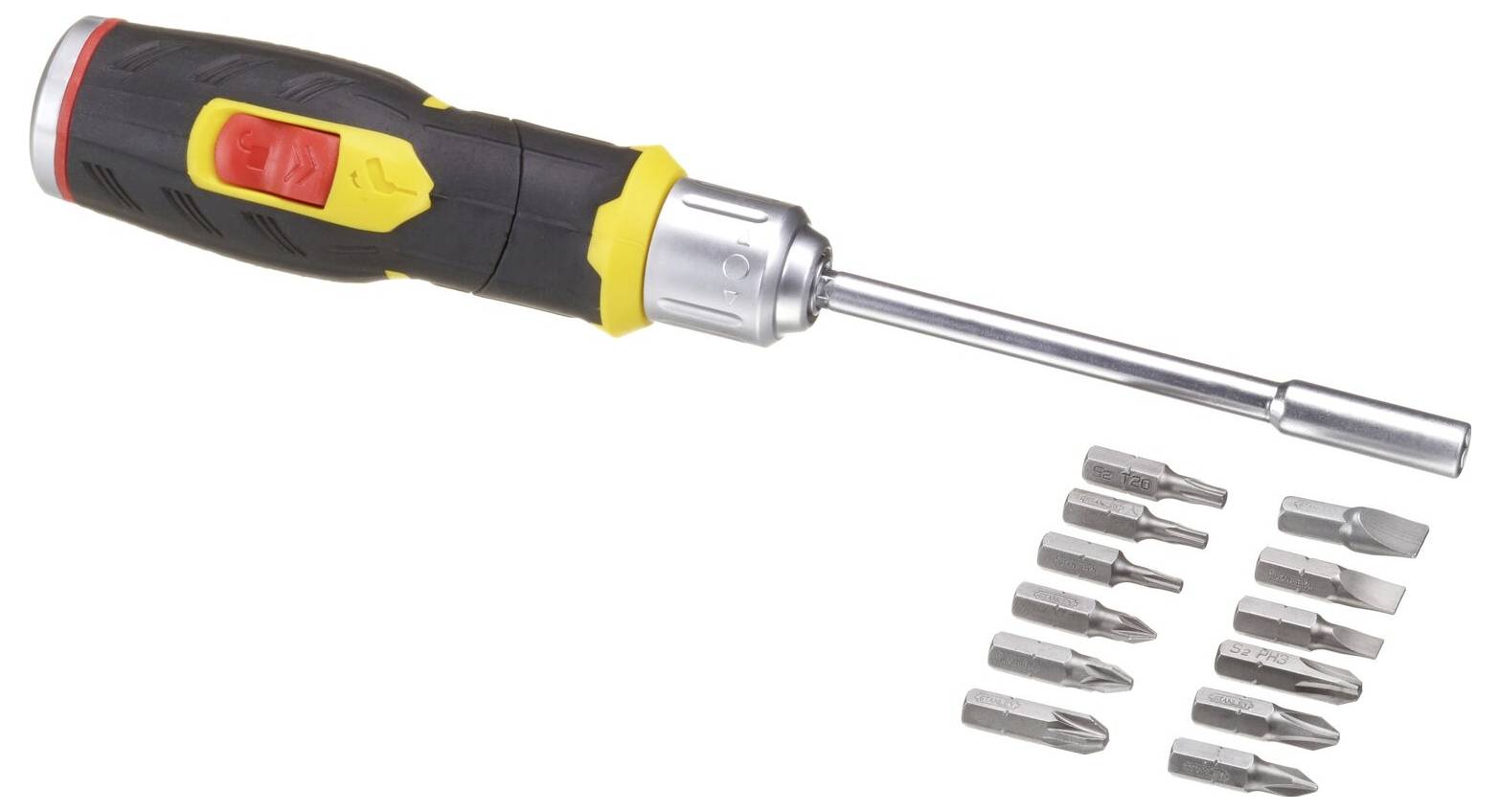 Wielofunkcyjny wkrętak z żółto-czarnym uchwytem i czerwonym przełącznikiem, wyposażony w dwanaście różnych grotów.