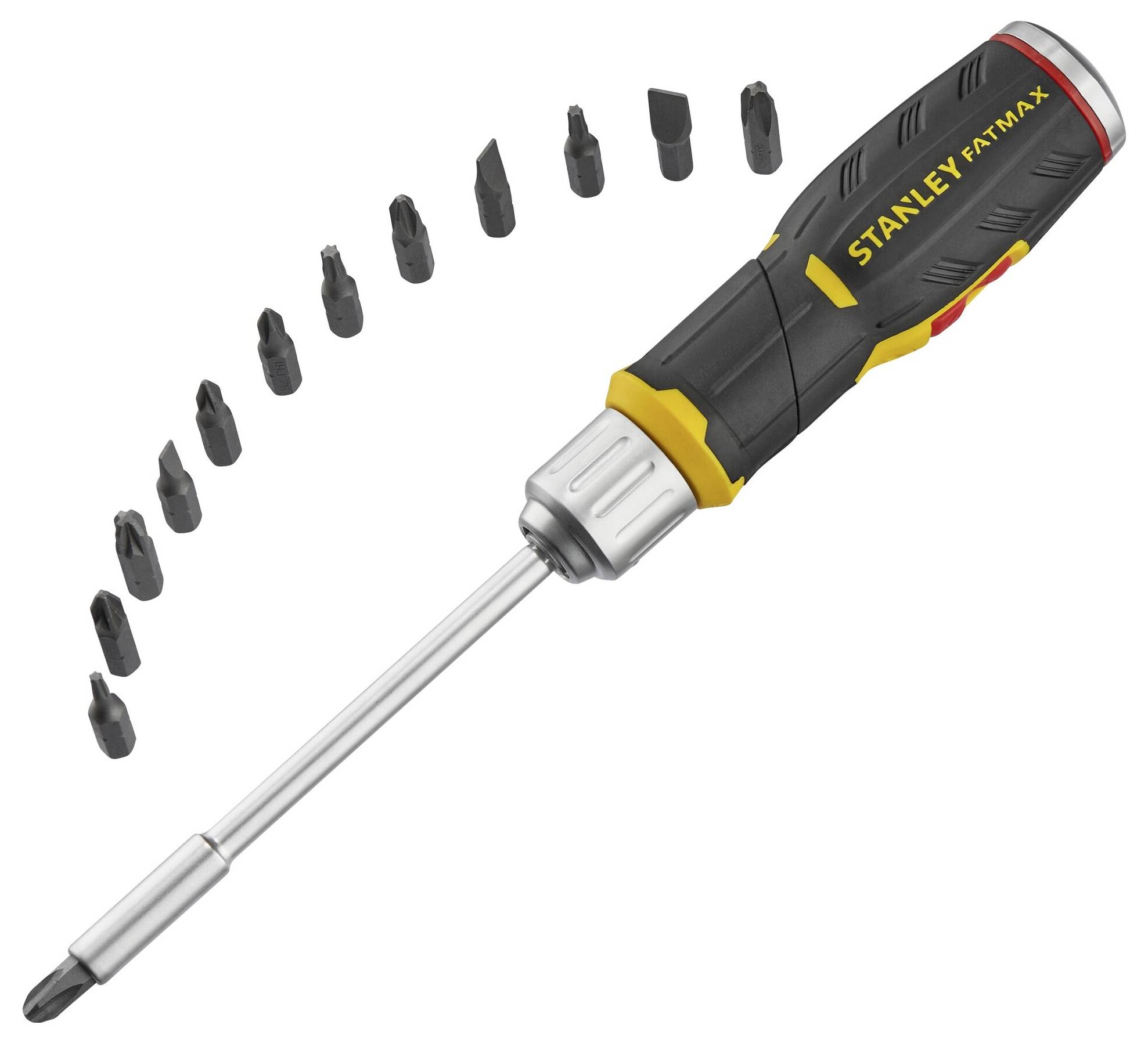 Wieloczęściowy wkrętak z dwunastoma wymiennymi grotami i ergonomicznym uchwytem. Nazwa marki 'Stanley Fatmax'.