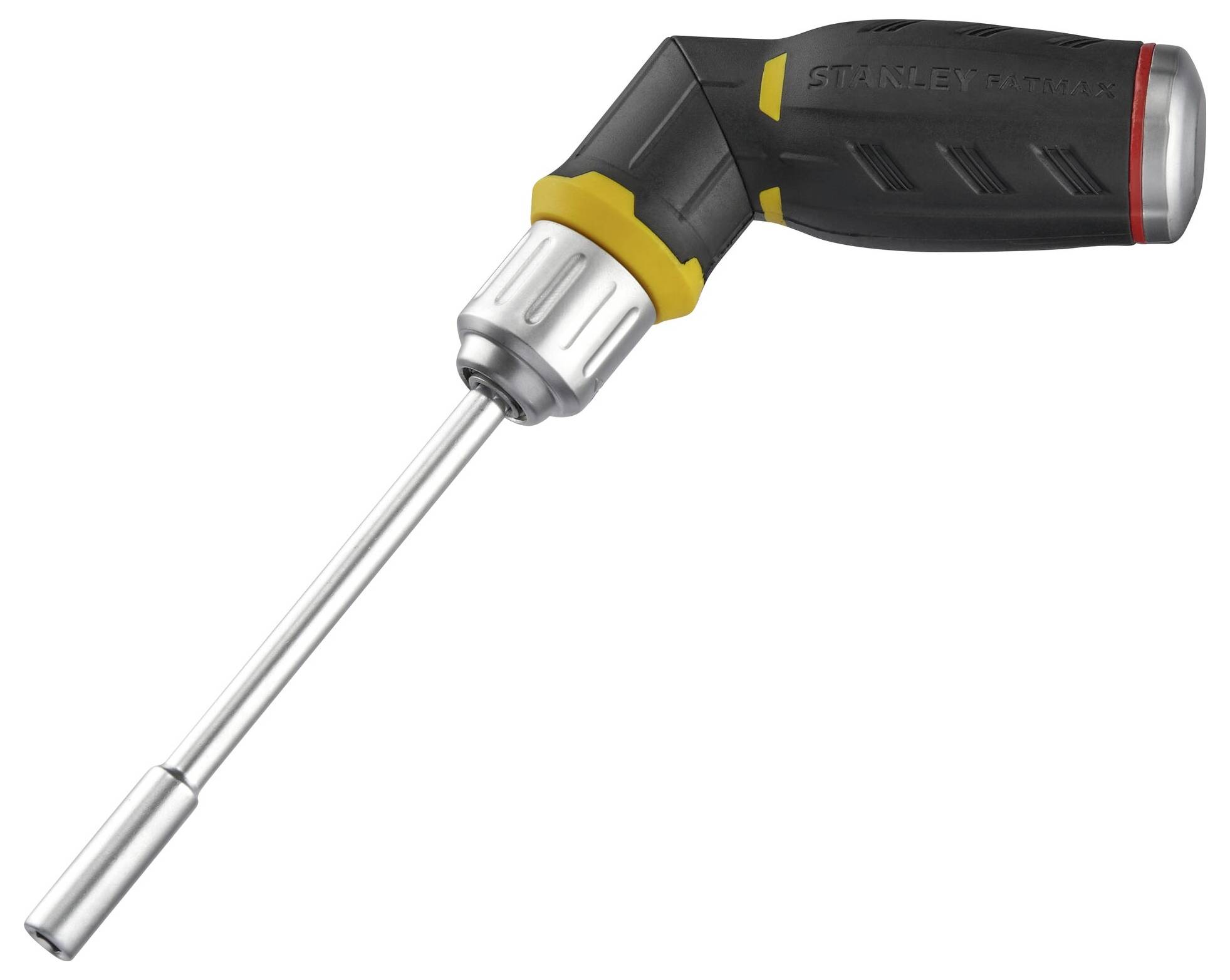Wkrętak kątowy wykonany z metalu i tworzywa sztucznego, z czarno-żółtą rękojeścią i obrotową srebrną główką.
