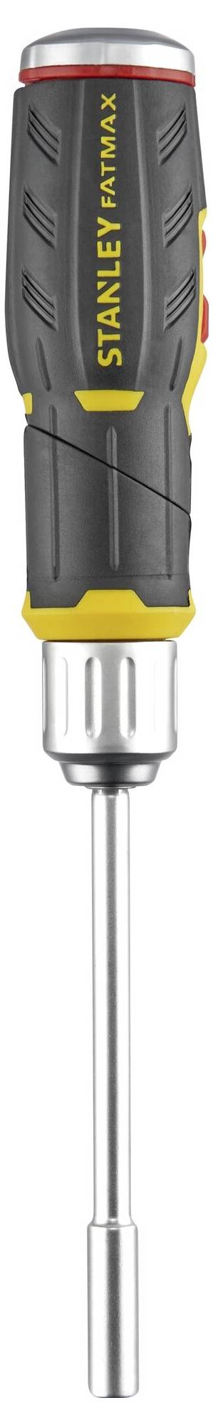 Śrubokręt z czarną rękojeścią, żółtym napisem 'STANLEY' i metalowym czubkiem.