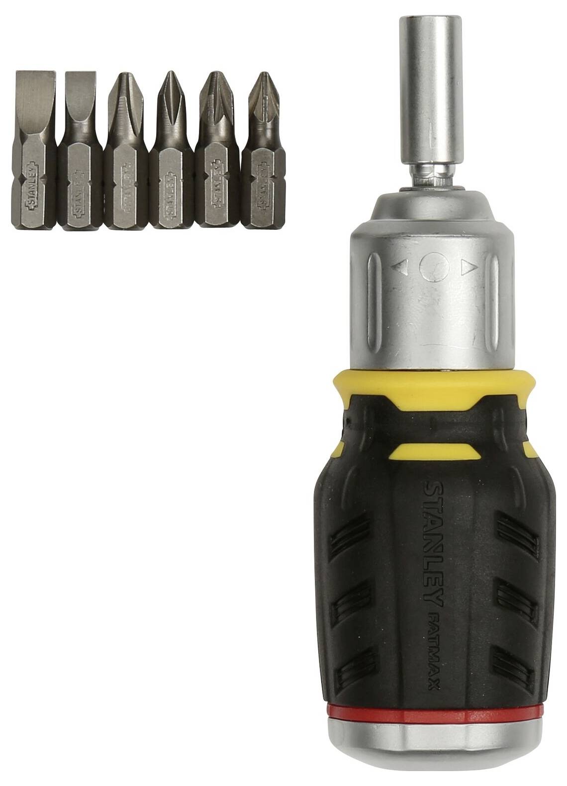 Śrubokręt z sześcioma wymiennymi grotami, w kompaktowej obudowie. Groty są prezentowane ponad uchwytem.