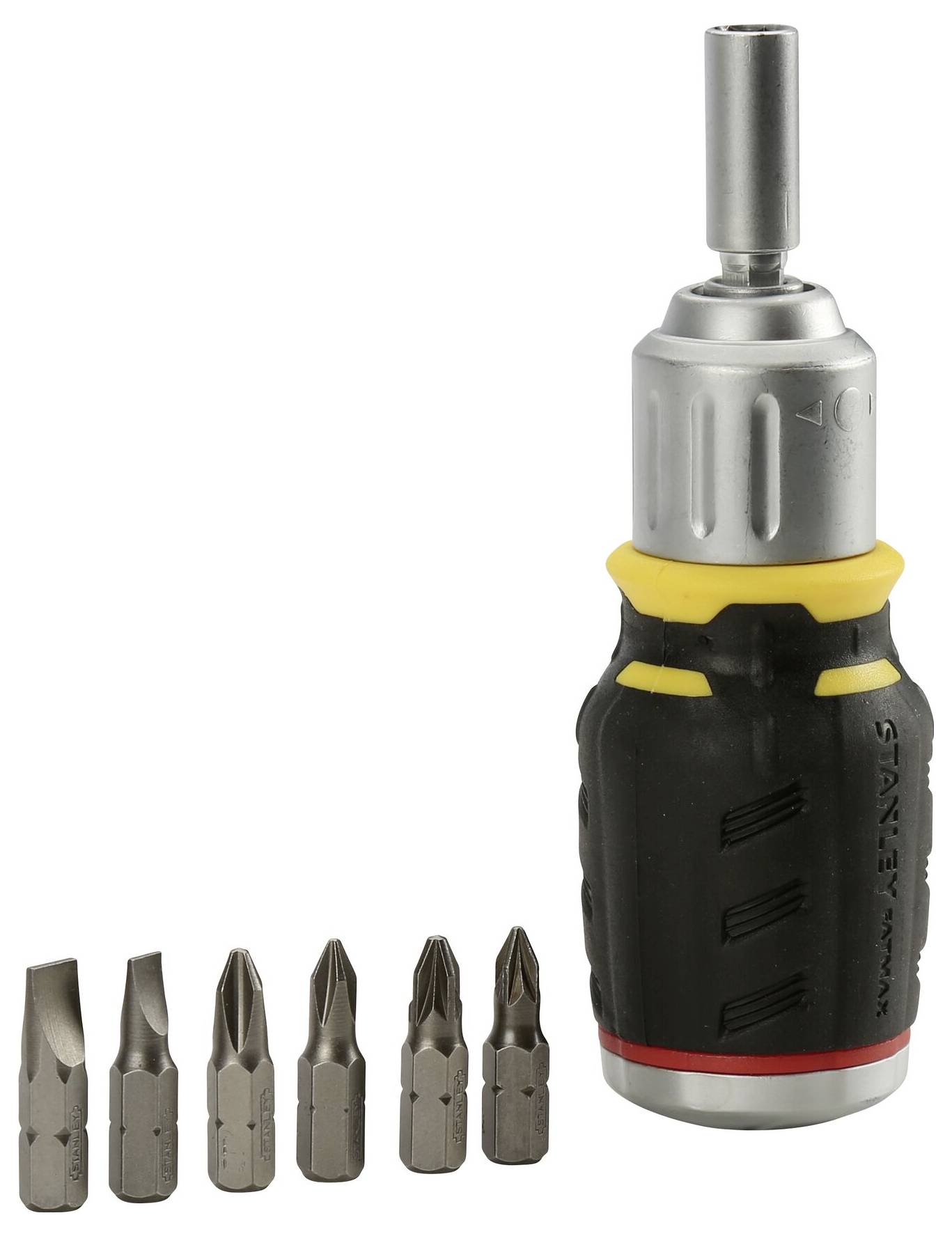 Wkrętak z wymiennym zestawem grotów, składający się z sześciu różnych grotów.