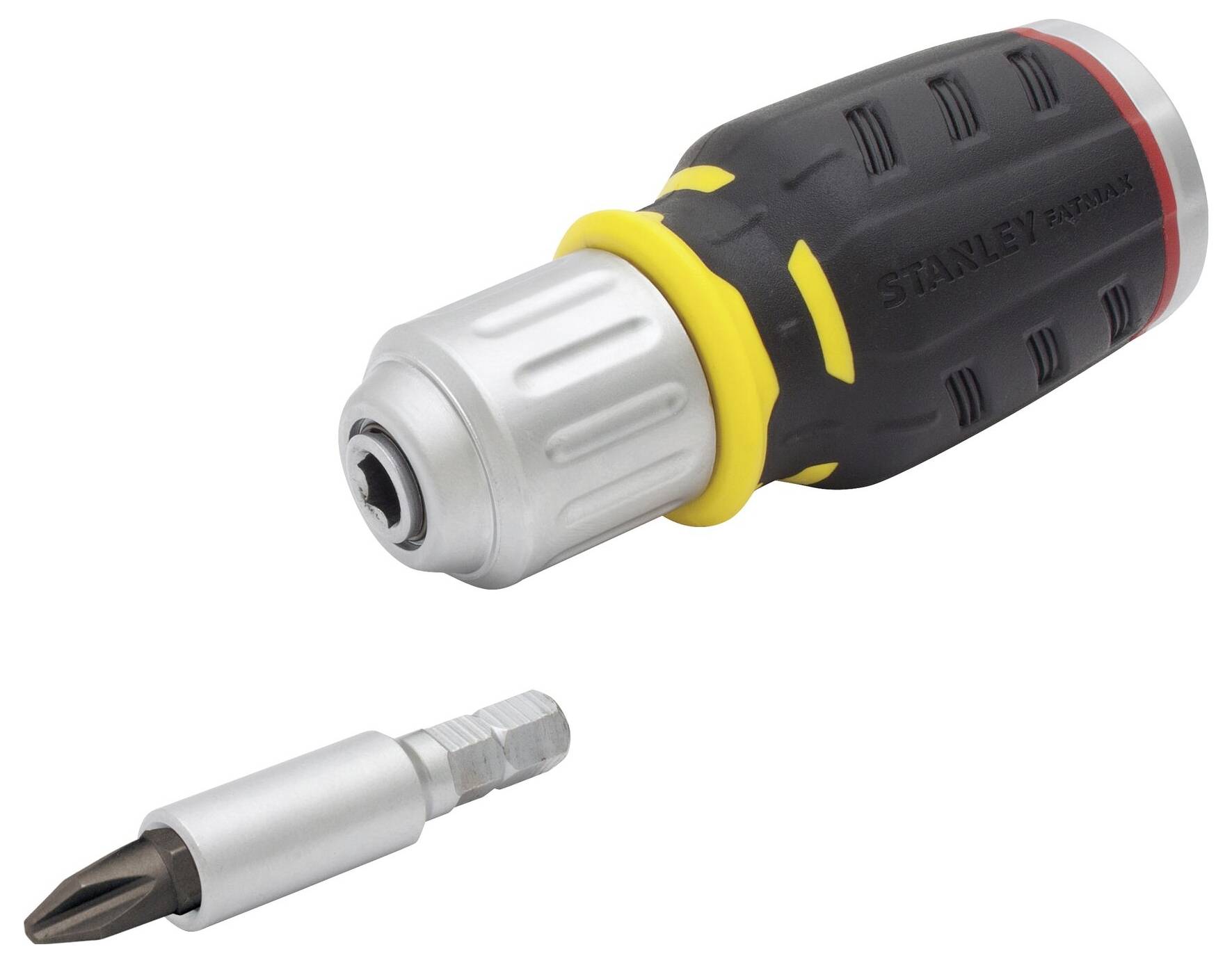 Uchwyt wkrętarki akumulatorowej Stanley z odkręconym końcówką do wkrętów.