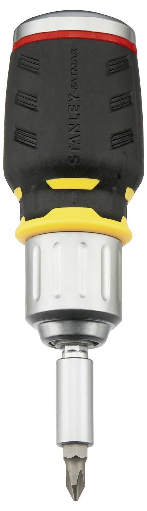 Wkrętak z ergonomicznym uchwytem i wymiennym grotem, odpowiedni do różnych rodzajów śrub.