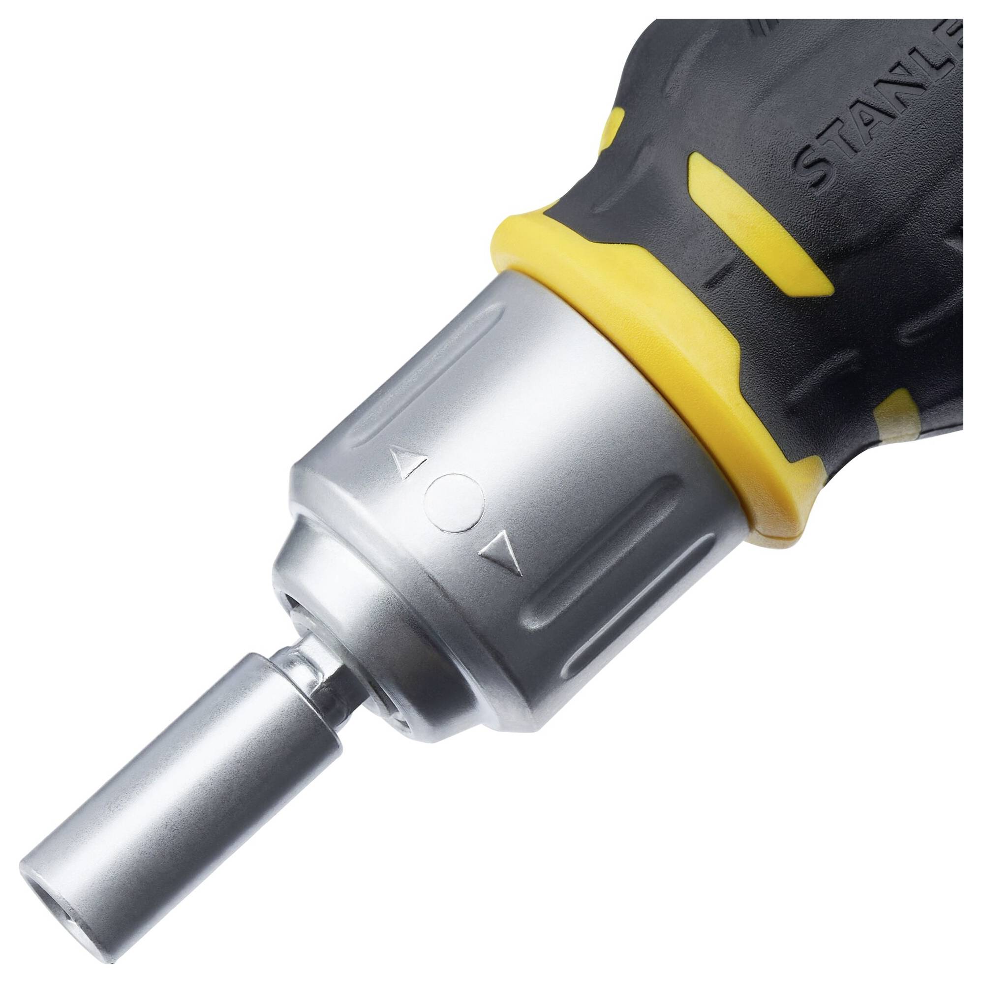 Wkrętarka akumulatorowa z żółto-czarnym uchwytem, srebrną głowicą i końcówką służącą do wkręcania lub wykręcania śrub.