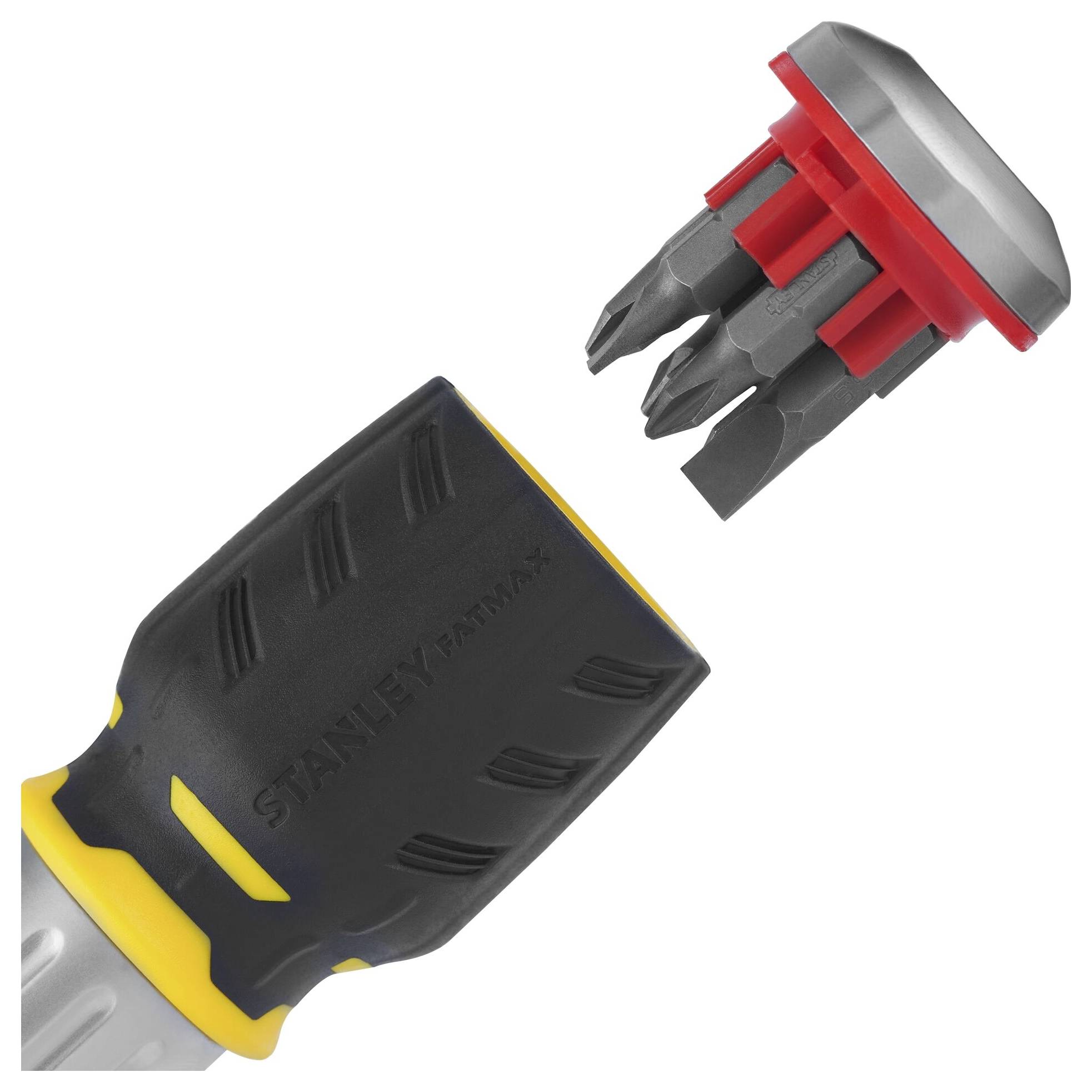 Zbliżenie wkrętaka z wymiennym czubkiem. W tle widoczne są różne końcówki, które można przechowywać w nasadce.