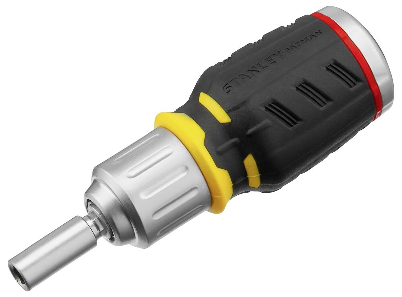 Czarny śrubokręt z żółtymi i czerwonymi akcentami, krótką rękojeścią oraz wymienny łbem do różnych końcówek montażowych.