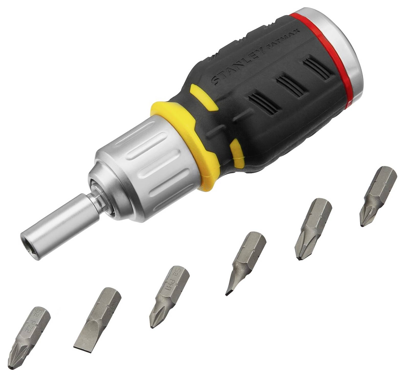 Wkrętak z czarnym uchwytem, żółtym i czerwonym akcentem. Przed nim leży siedem różnych końcówek, w tym płaskie i krzyżowe.