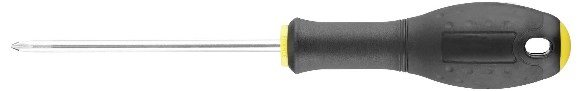 Czarny wkrętak z żółtymi akcentami i ergonomicznym uchwytem leży na boku, końcówką skierowaną w lewo.