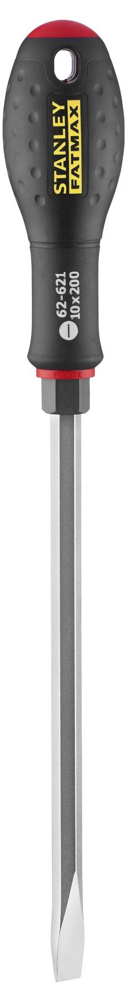 Wkrętak z uchwytem w kolorach czarno-szarym i płaskim ostrzem, z nazwą marki wydrukowaną na rękojeści.