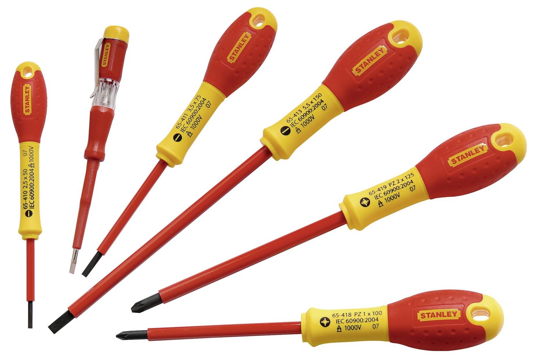 Sześć wkrętaków z czerwonymi uchwytami i żółtymi elementami leży obok siebie. Różne rozmiary i kształty końcówek.