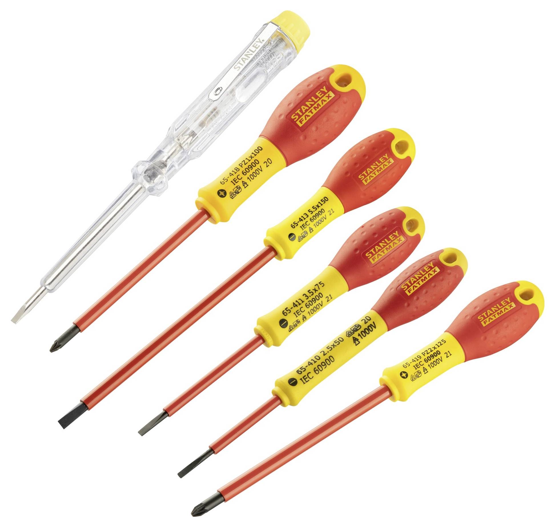 Pięć wkrętaków z czerwonymi uchwytami i izolowanymi trzonkami, plus przezroczysty tester napięcia na górze.